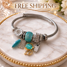 Chic Wild Cat Charm Bracelet  Stainless Steel  Light Blue Accents