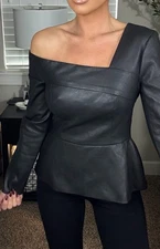 Black Sexy BCBGMAXAZRIA OFF Shoulder Faux Leather Back Zip Peplum Blouse Top 0