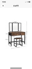 Industrial Rustic Brown & Black Vanity Table and Stool Set with Tri-Fold Mirror