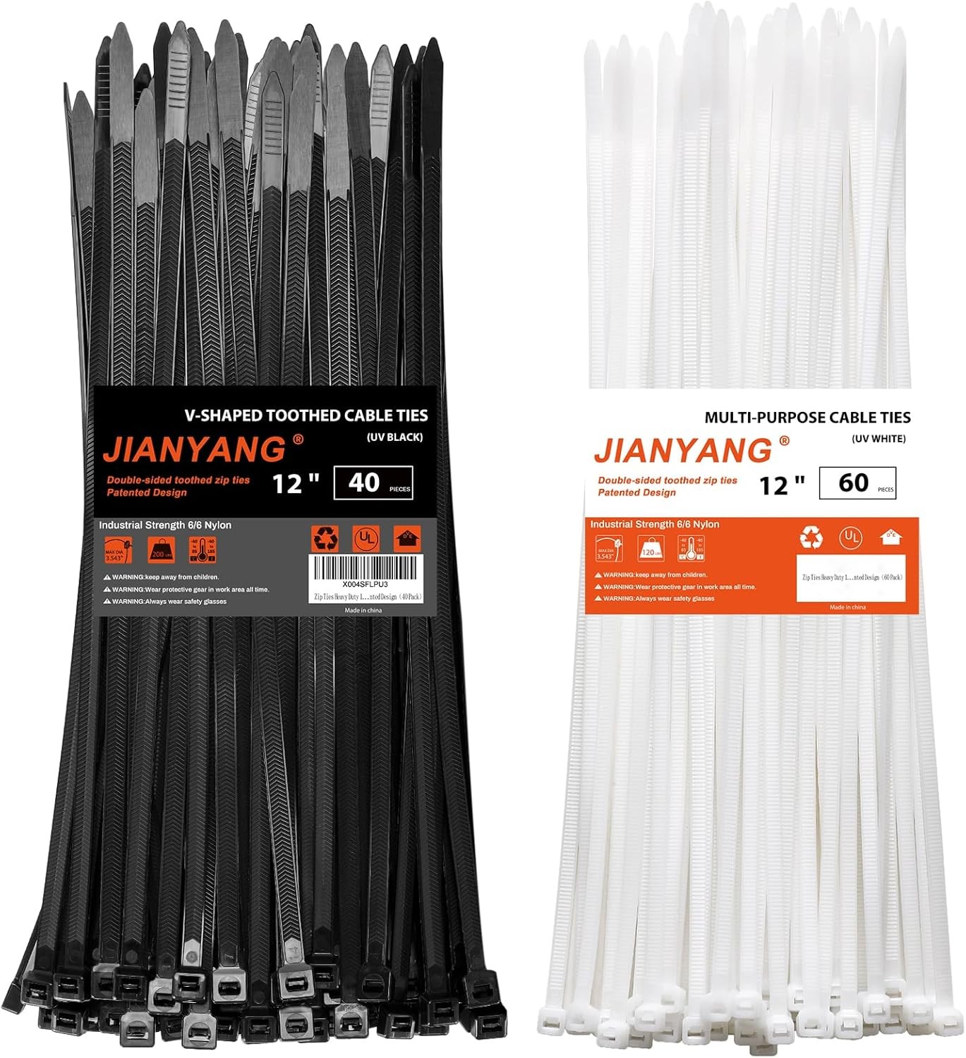 V-Shaped Heavy Duty Zip Ties, 12+12 Inch Double-Sided, 200 lbs Strength