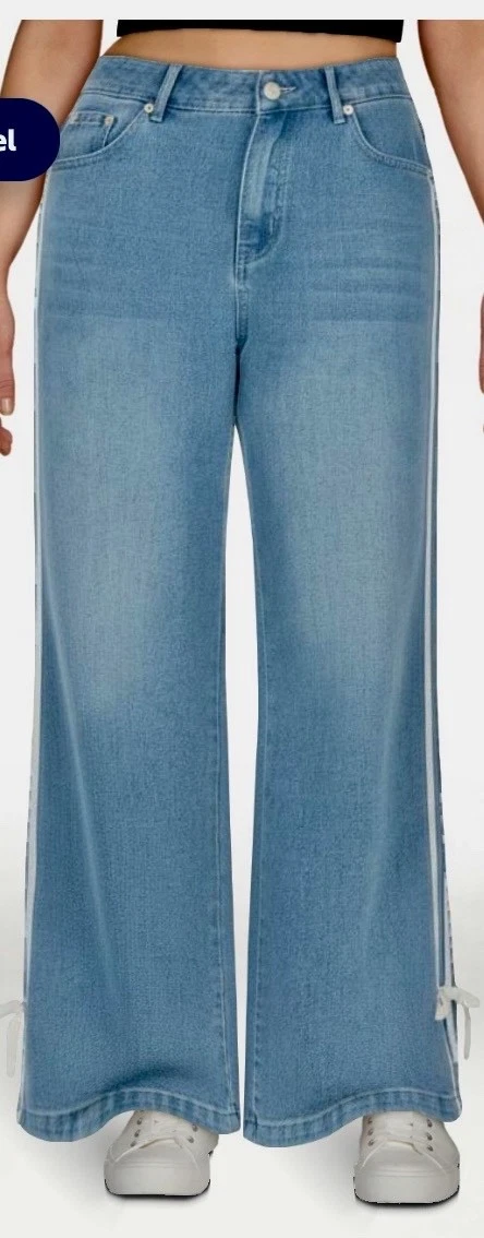 Pantalones de mezclilla holgados de tiro bajo Y2K lavado largo Forever 21 para mujer nuevos con etiquetas, lazo a rayas laterales talla 8