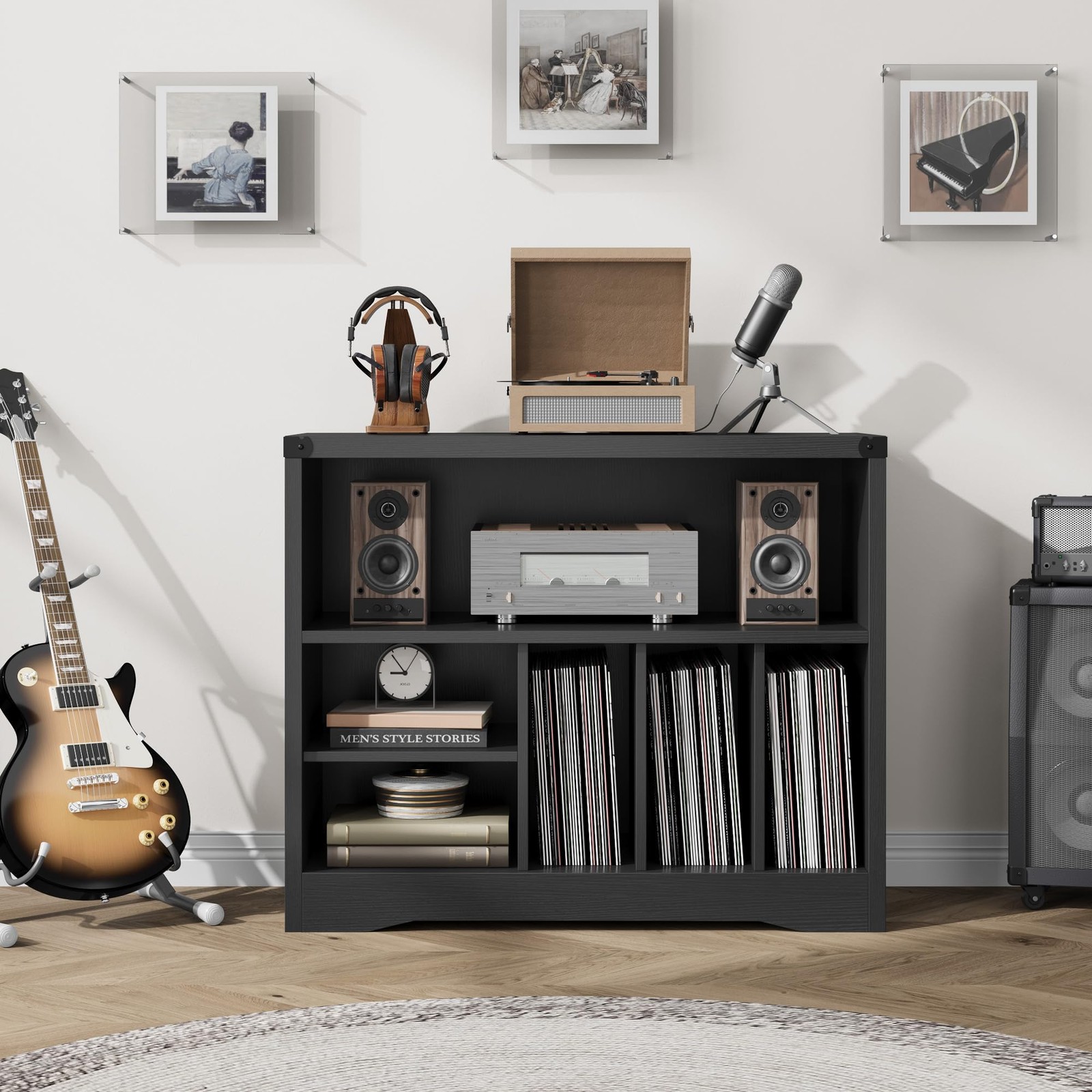 Vinyl Record Stand w/ 6 Storage Cubes, Farmhouse Turntable Cabinet Living Room