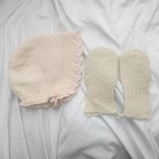 Vintage Hand- knit cream newborn pair of mittens and a bonnet or hat.