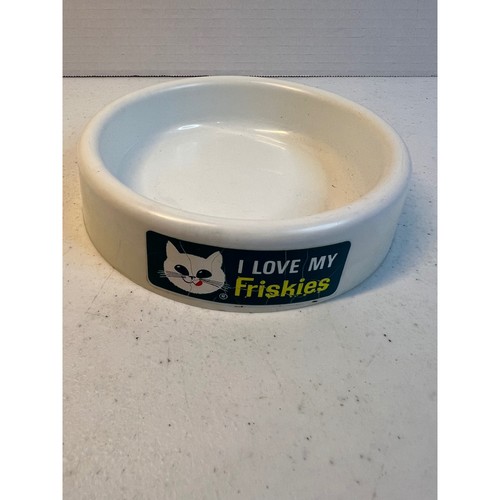 Vintage Friskies Cat Food Bowl I Love My Friskies Plastic White Retro Pet Dish