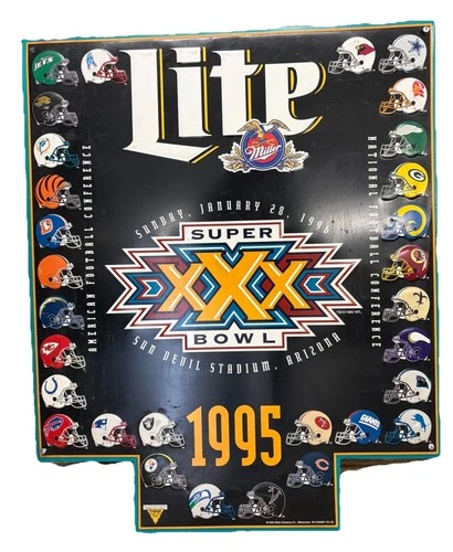 Vintage 1995 Super Bowl XXX Miller Lite Beer Metal Sign,NFL Team Helmets,30x36