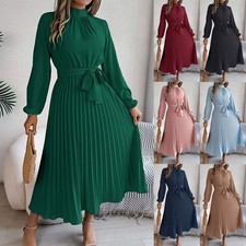 Womens Casual Pleated Holiday Long Swing Dress Long Sleeve Party Belt Dresses UK