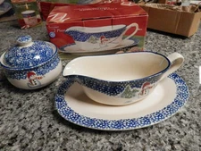 SNOWMAN CHRISTMAS SERVING LOT Thomson Pottery Gravy Boat Set -Sugar Bowl -Candle