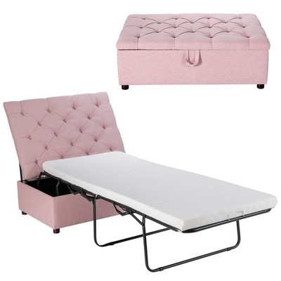 Costway Folding Ottoman Sleeper Bed w/Mattress Convertible Guest Bed Pink