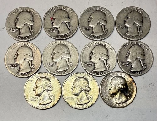 Lot of 11 Washington 90% Silver Quarters 1936-1958, Key dates & UNC Coins