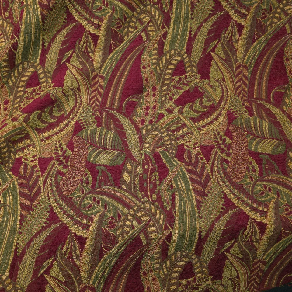 Tela de tapicería jacquard chenilla botánica selva roja y dorada 56" por yarda Foto 2 de 4