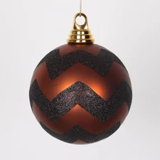 Copper Matte Black Glitter Chevron Christmas Ball Ornaments 4.75"