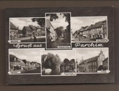 AK DDR - Gruß aus Parchim - MBK Markt Rathaus Str. des Friedens ~1966 nach Halle