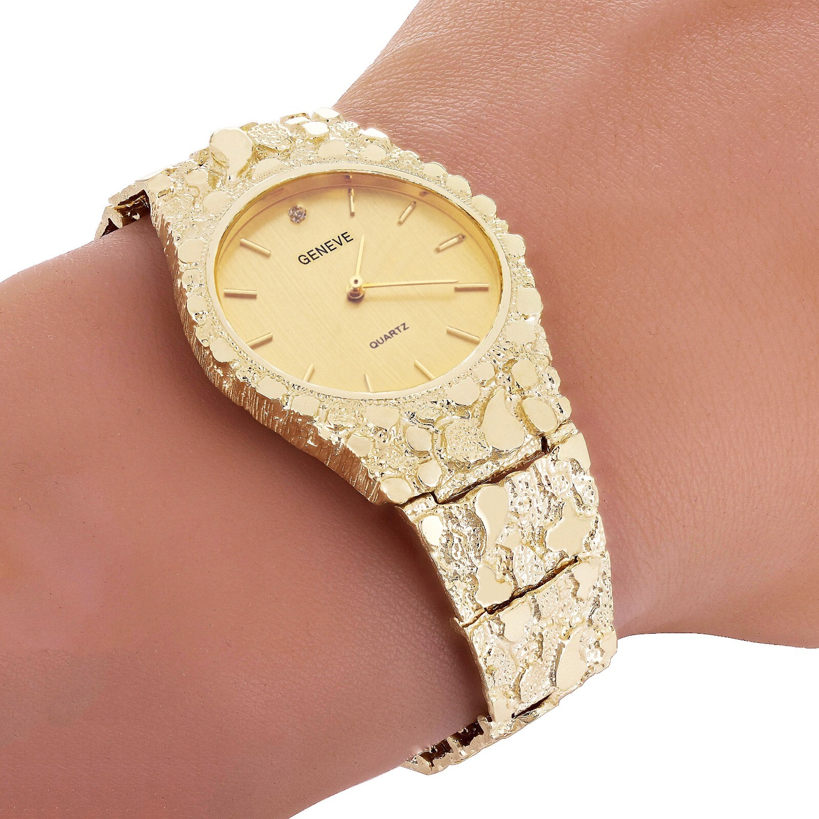 Mens Nugget Geneva Nugget Watch 14k Yellow Gold Nugget Link Wrist