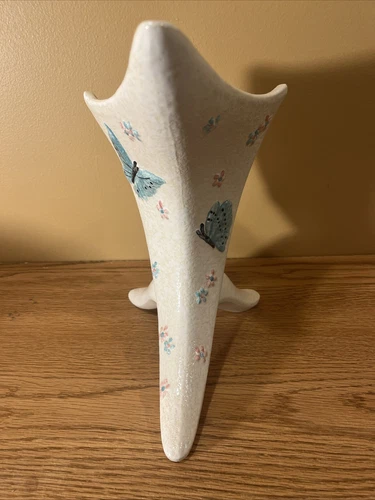 Hull Pottery B12 Butterfly Cornucopia Vase 3 Footed White Floral MCM Ohio USA
