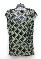 Attention Shirt Womens Size L Brown Geometric Scoop Neck Cap Sleeve Blouse Top