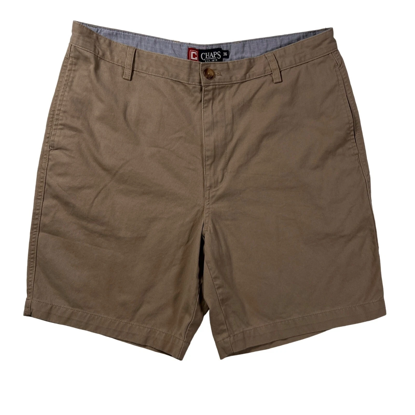 Chaps Shorts Men's Flat Front Slit Pockets High Rise 100% Cotton Chinos Tan 36
