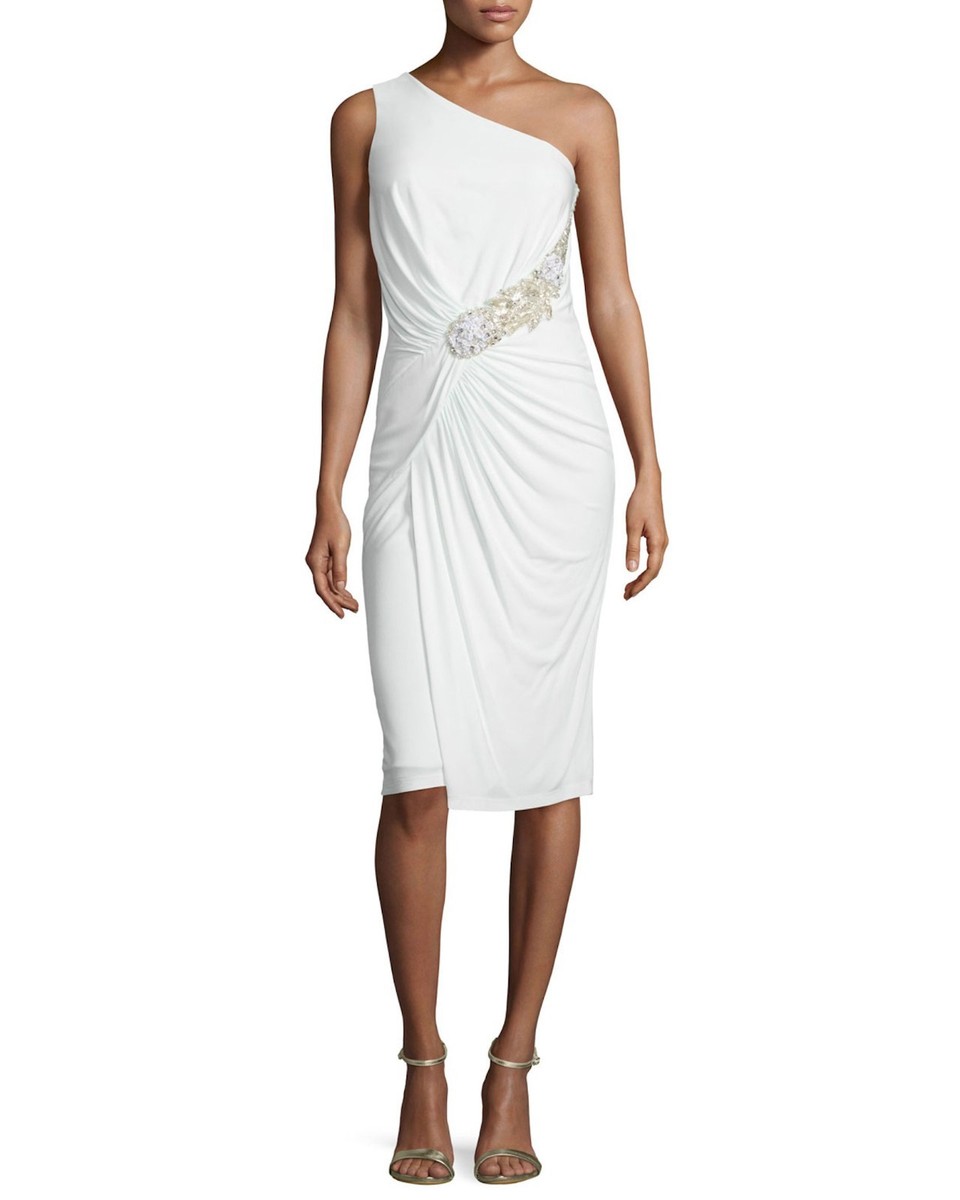 David Meister White One-Shoulder Ruched Beaded Cocktail Dress Size or
