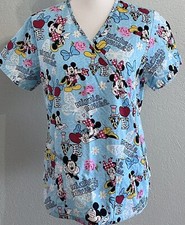 Disney Mickey Minnie Mouse LOVE Womens Scrub Top S Nursing Uniform Pockets