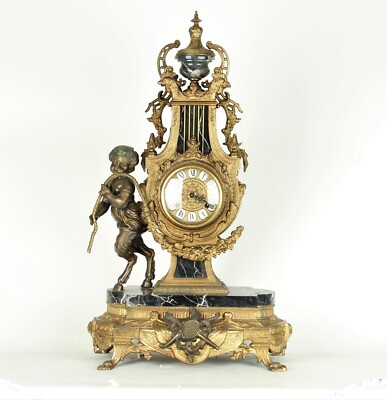 Imperial Lancini / Franz Hermle Vergoldet Bronze & Marmor Mantle Uhr Mit Faun