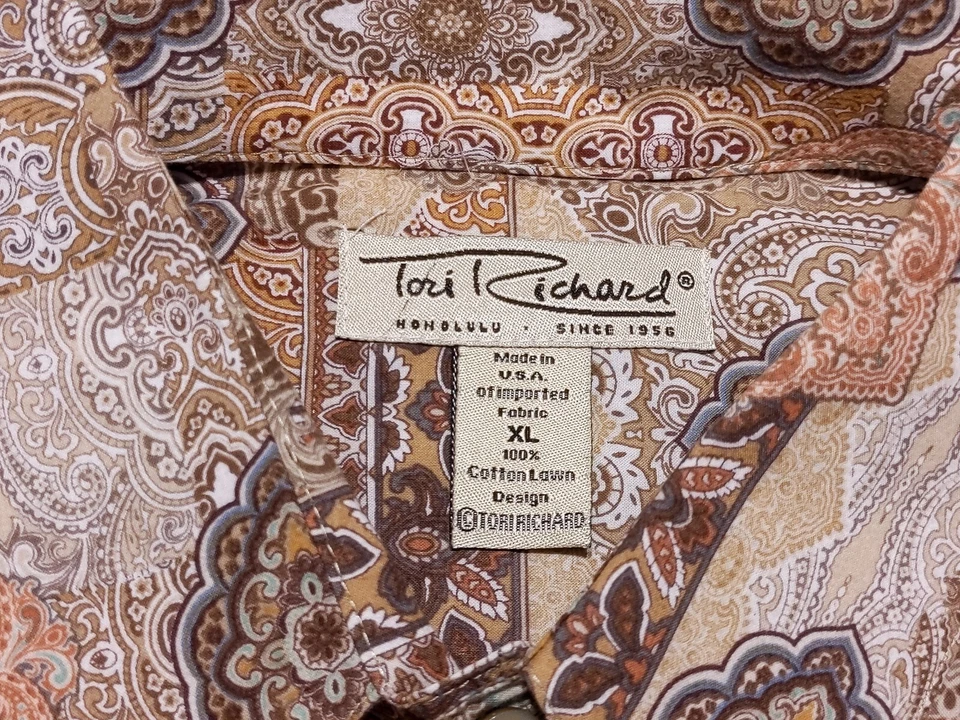 Camisa de campamento hawaiana para hombre TORI RICHARD hecha en EE. UU. marrón óxido cachemir XL Foto 2 de 4