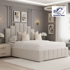 New Art Deco Panel Crown Bed Frame Plush Velvet Upholstered Gas Lift Storage 5FT