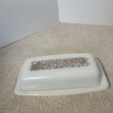 Vintage Pyrex Glass Covered Butter Dish & Lid Woodland White Brown Flowers 72-B