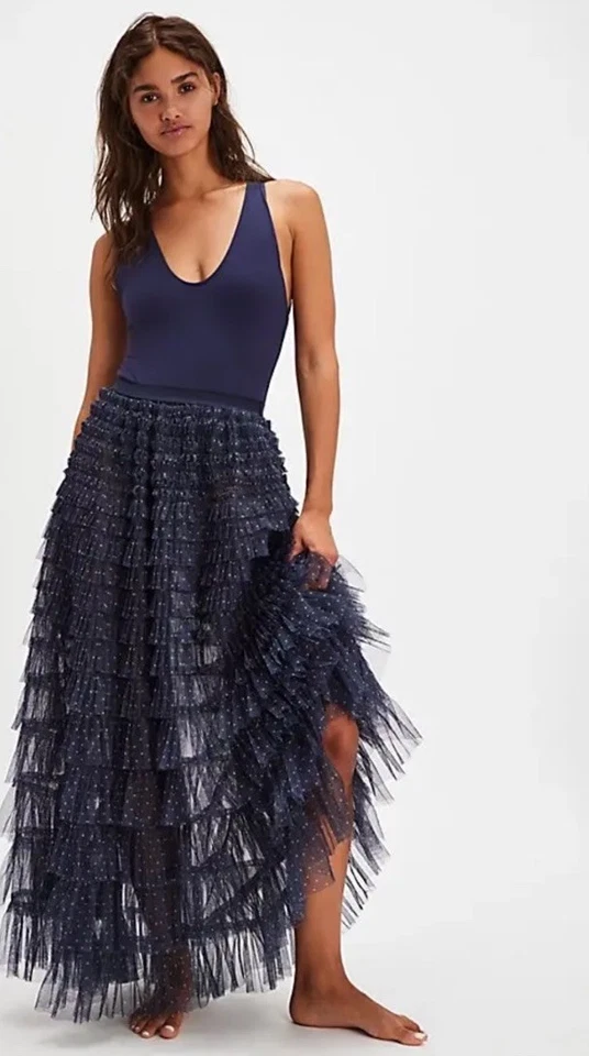 Free People возвращение оборки макси скольжения юбка заколка Dot темно-синий комбо XS новый с Ярлыками - Изображение 3 из 4