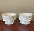 Pair Vintage Fenton Hobnail Milk Glass Low 2.5” x 4” Footed Candle Holders #3673