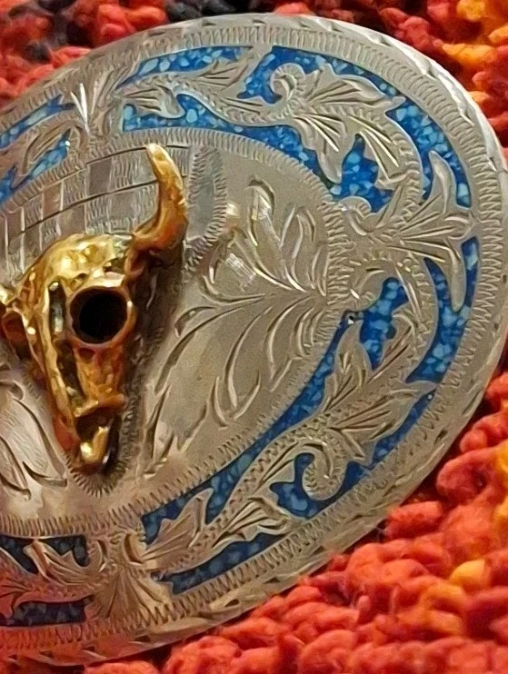 Бирюзовая Инкрустация Руль Бизон Череп Ремень Пряжка Редкая Винтажная 1970-е Альпака Серебро - Изображение 4 из 4