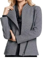 CABI Quilted Moto Asymmetrical Zip Herringbone Jacket, Black, Size Large, 3025