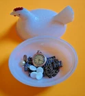 Vintage White Milk Glass Hen with trinket dish with old watch MOP stuff & chain