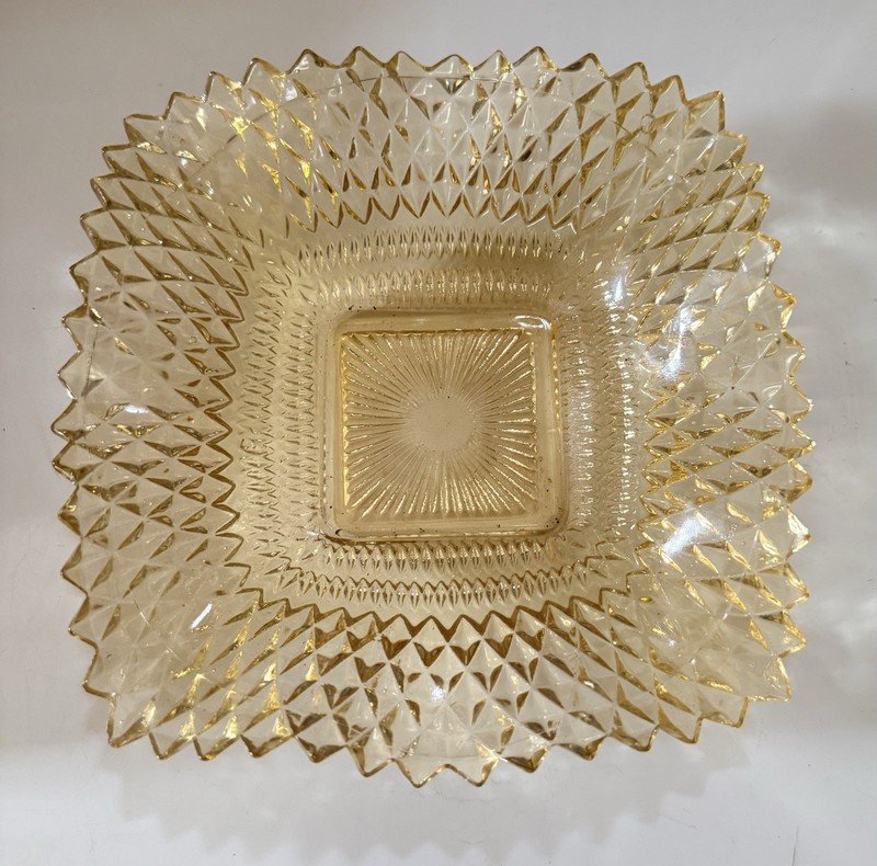 Amber Yellow Pressed Glass Square Dish Diamond Pattern 8x8 1 3/4" Tall