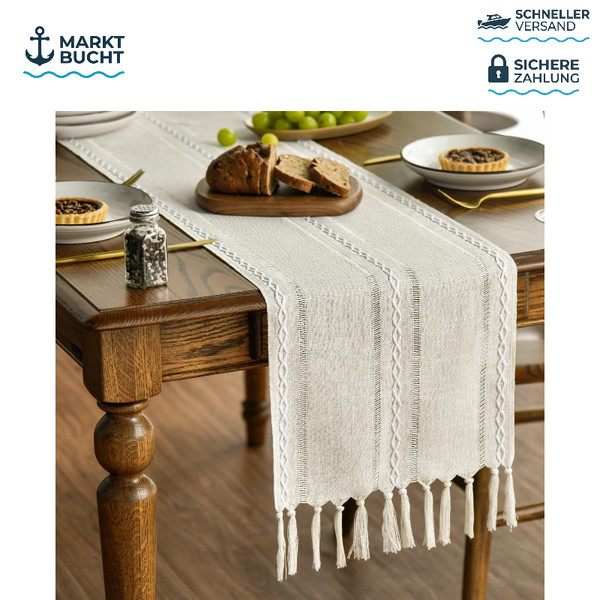 TischläUfer Boho Creme Landhausstil Quasten Waschbar 33X183 Cm Dekoration-image