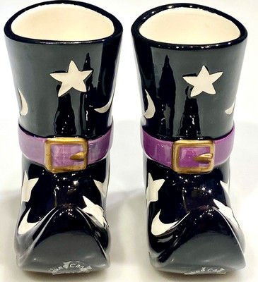 RARE Yankee Candle Set 2 Black Witch Boots White Stars/Moons Votive Holders 2012