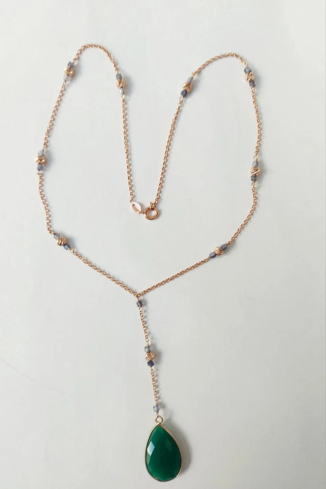 collana in argento 925 laminato oro rosa iolite goccia di cristallo sfaccettata - Immagine 3 di 4