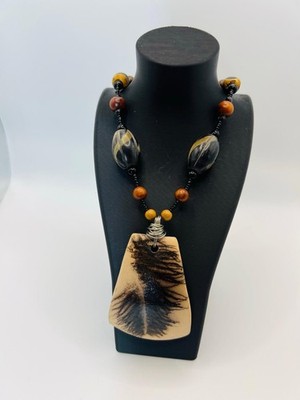 Beaded Pendant Necklace Wood/Stone Brown Black Toggle Closure 13 in