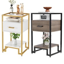 Gehärtetes Glas Top Seitentisch Schlaftisch mit 3-Ebene Aufbewahrung & Schublade