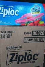 Ziploc Storage Bags 1 Gallon Grip Seal Top Stay Open 1 Case/9 Boxes/342 Bags