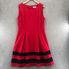 Calvin Klein Dress Womens 12 Red Stripe Fit & Flare Ponte Knit Stretch Pleated