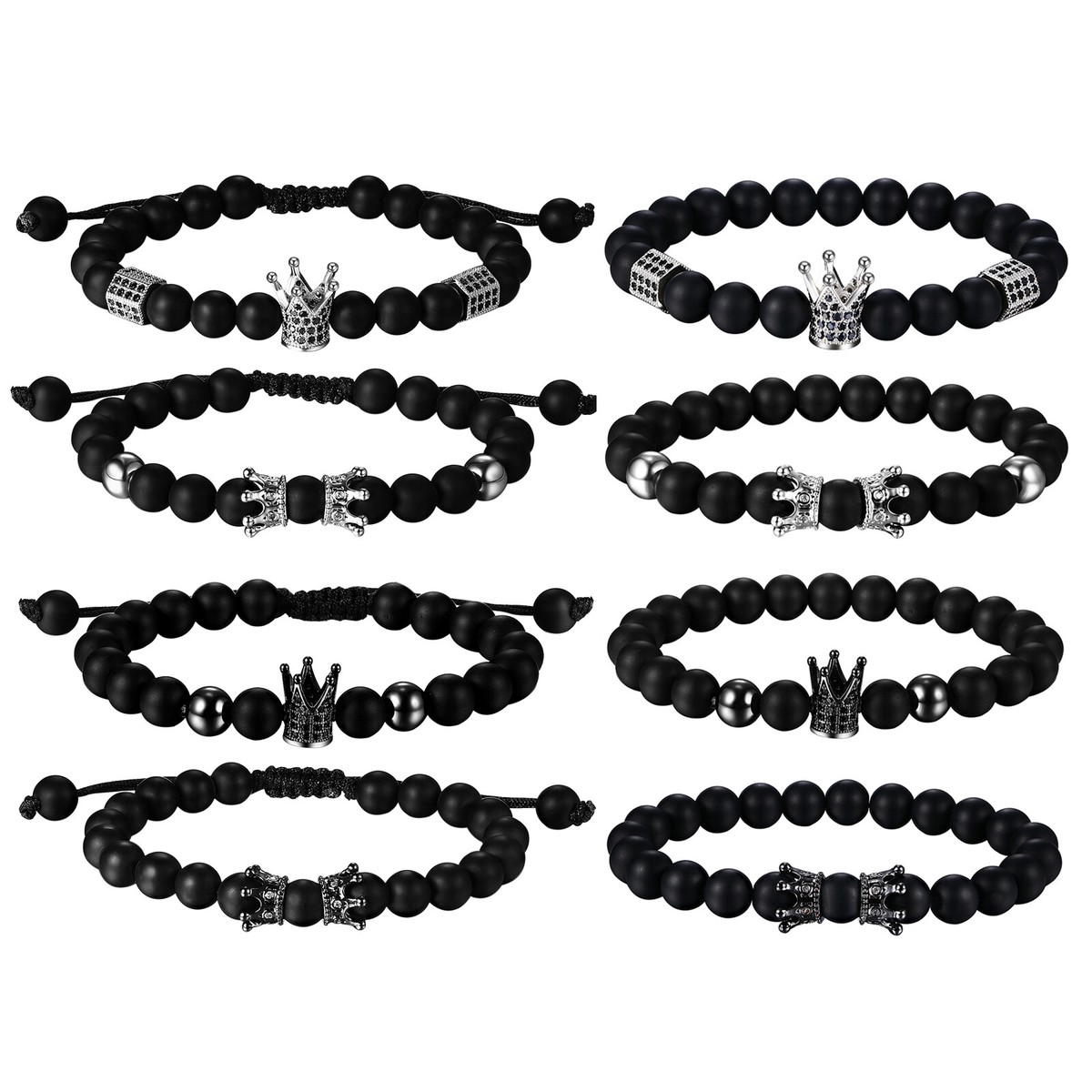 Black Matte Onyx Stone Bead Bracelet - 8mm Stretch King Crown Charm Bracelet For Men & Women