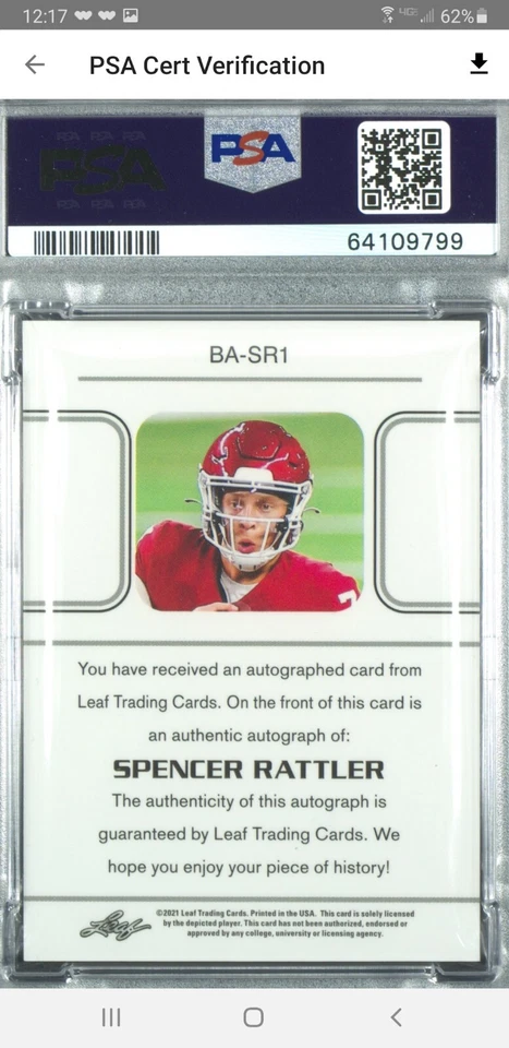 2021 Leaf Memories Spencer Rattler Autograph Purple Spectrum PSA 9 PSA/DNA POP 1 - Image 2 of 3