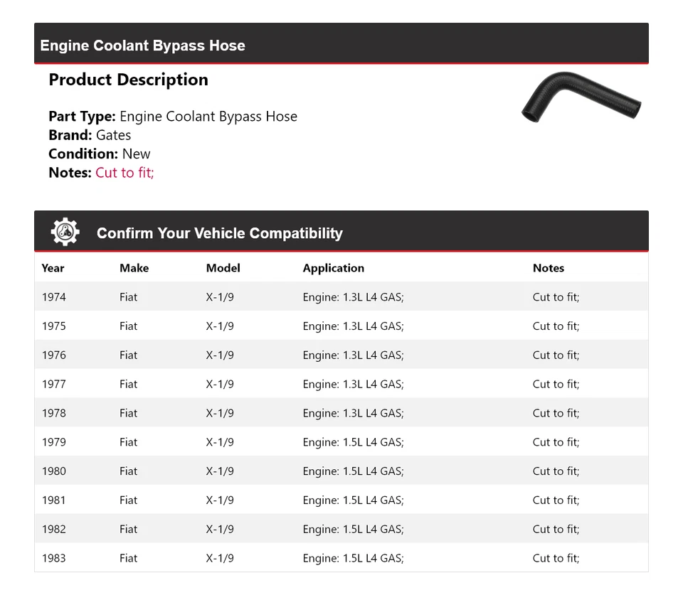 For 1974-1983 Fiat X-1/9 Engine Coolant Bypass Hose Gates 1975 1976 1977 1978 - Image 2 of 4