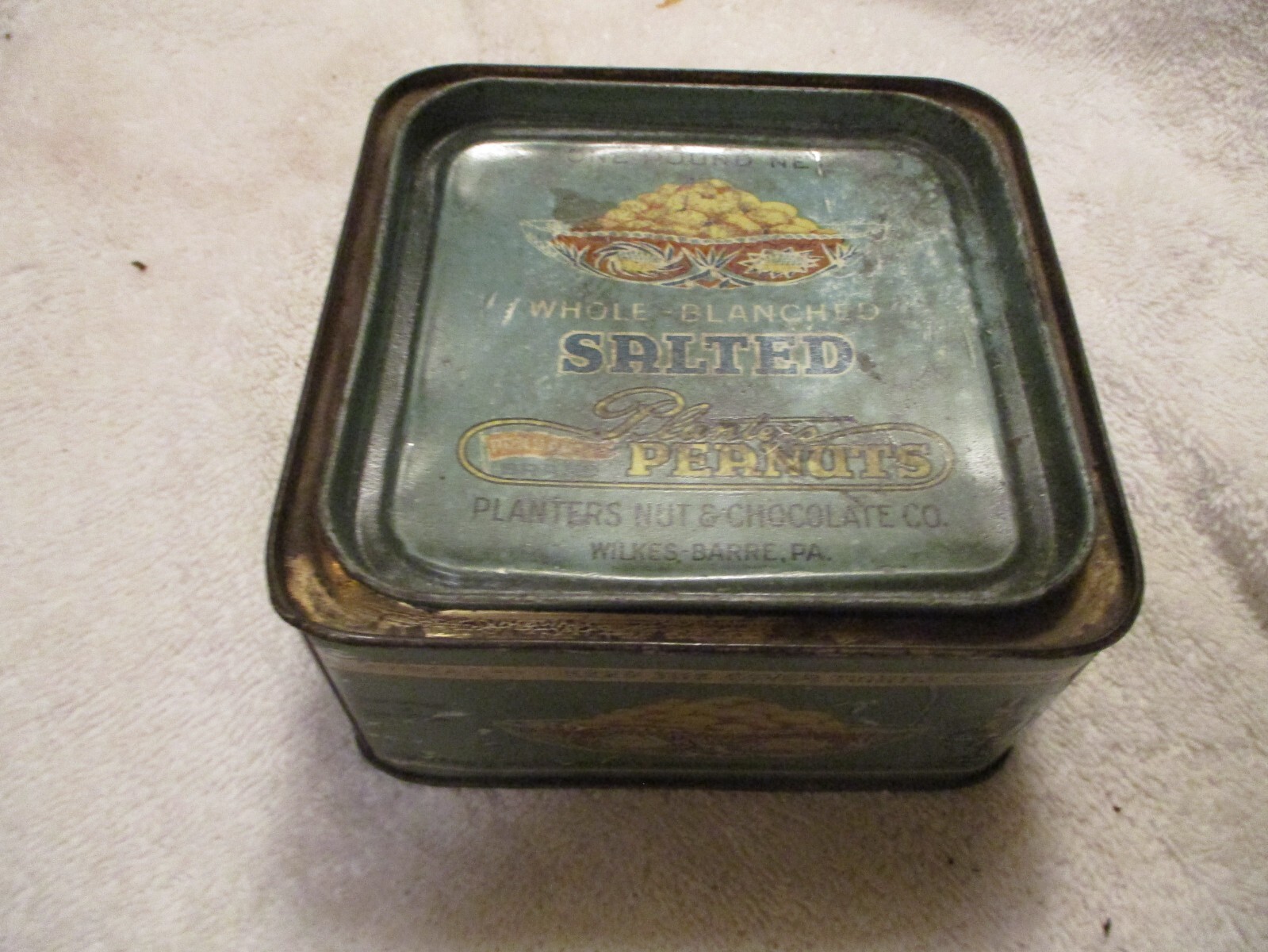VNTG. 1919 Planter's Salted Peanuts SQUARE 1 lb. Tin w/Lid Wilkes