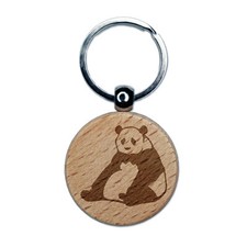Giant Panda Bear Sitting Engraved Wood Round Keychain Tag Charm
