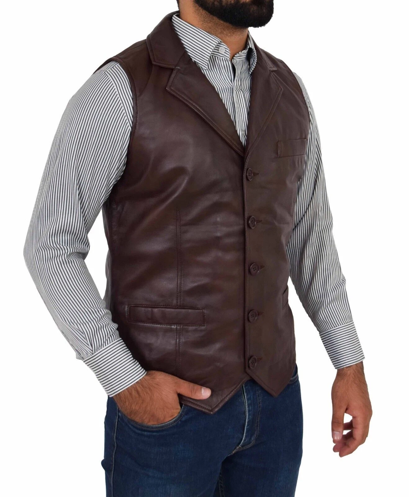 Men's Waistcoat Real Soft Brown Leather Coat Lapel Collar Classic Western Vest
