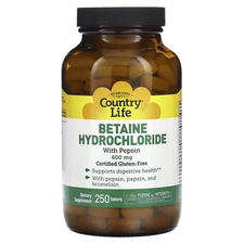 Country Life Betaine Hydrochloride with Pepsin 600 mg 250 Tablets Gluten-Free,