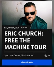 Eric Church Free the Machine Tour - 4Tickets - Section 226 - Row G Seats 10- 13