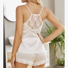 Ekouaer Silky Satin Cami Shorts Pajama Set White Lace Trim - Large