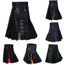 Traditional Scottish Festival Men Kilt Pocket Medieval Skirt Solid Color