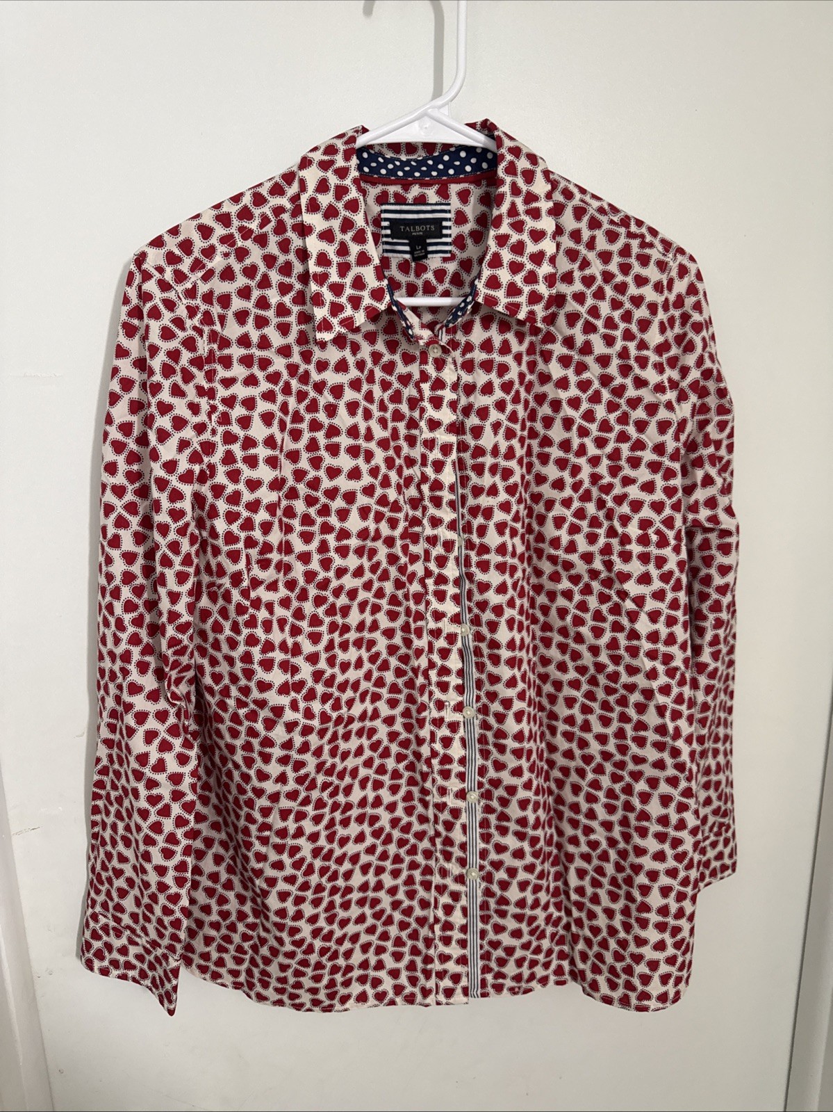 Talbots Womens Red White Heart Print Long Sleeve … - image 1